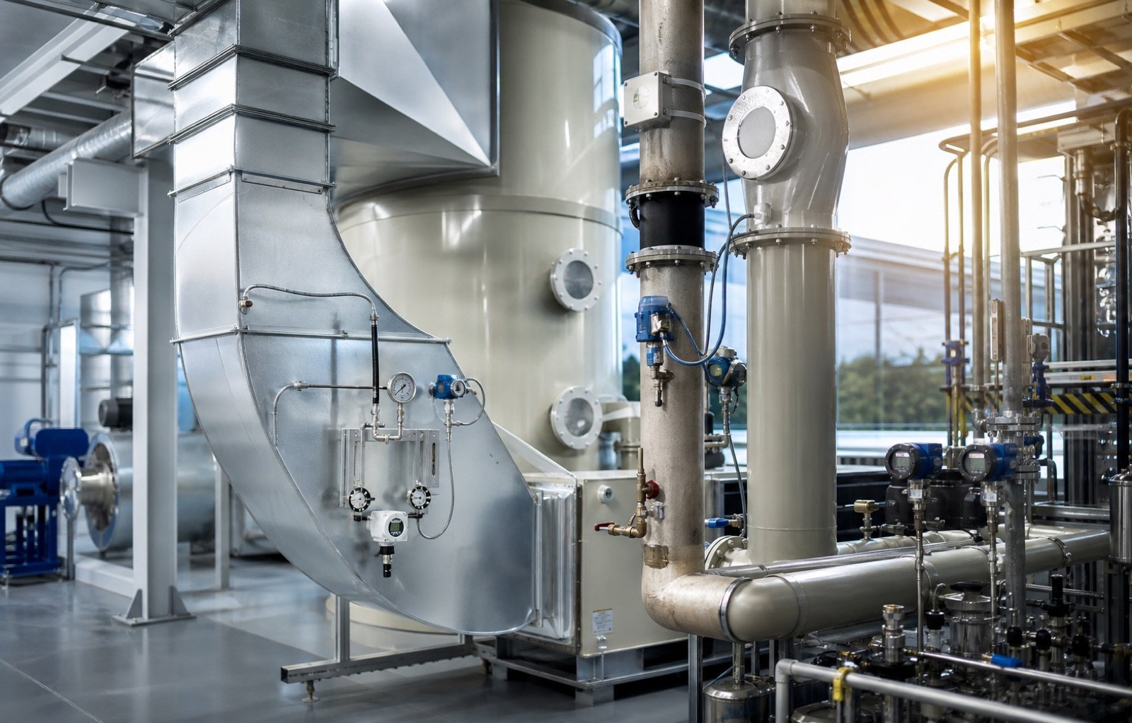HVAC and industrial gas treatment instrumentation with ducts, process piping and pressure measurement