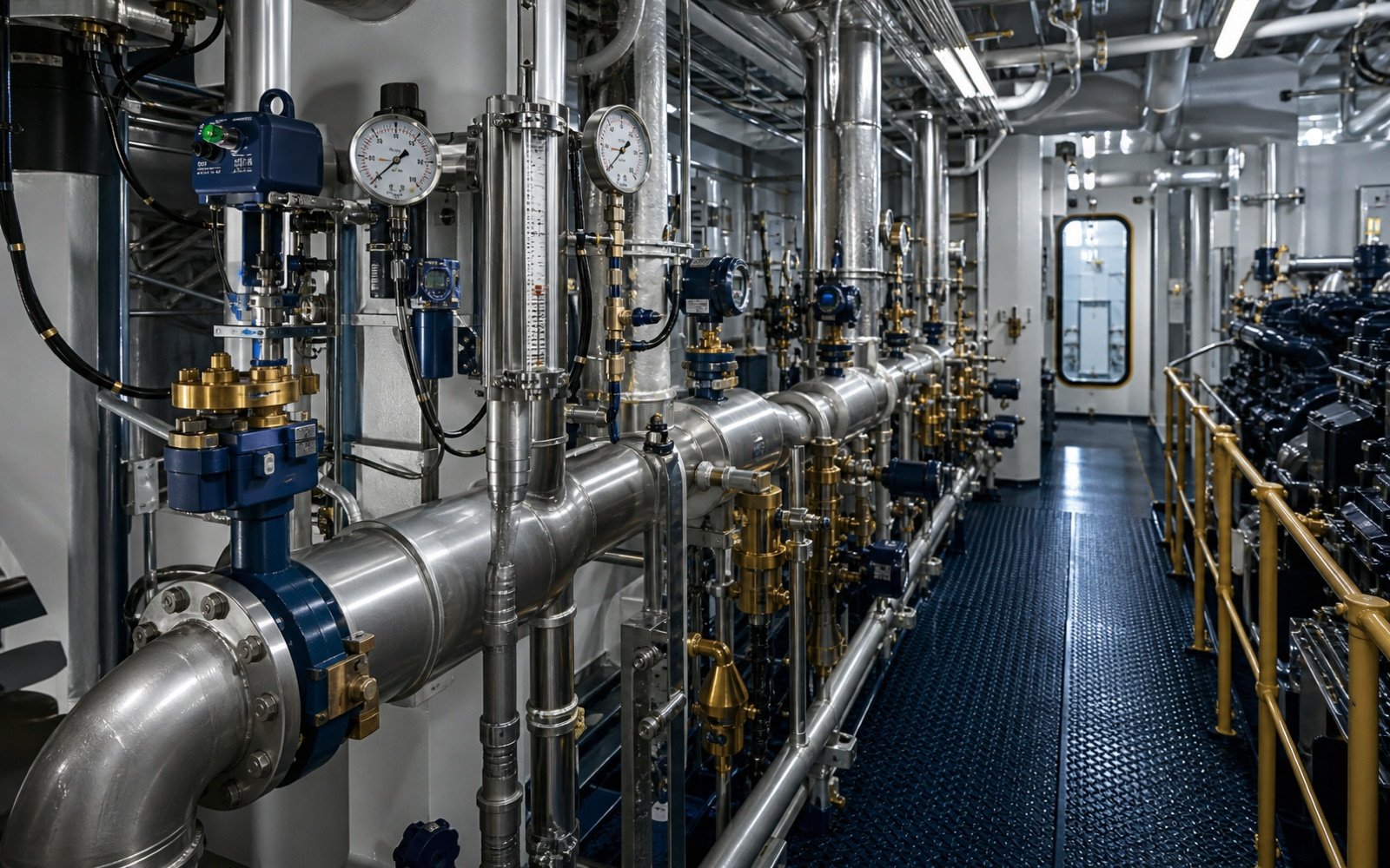 Marine engine-room instrumentation for fuel, ballast, cooling water and shipboard pipelines