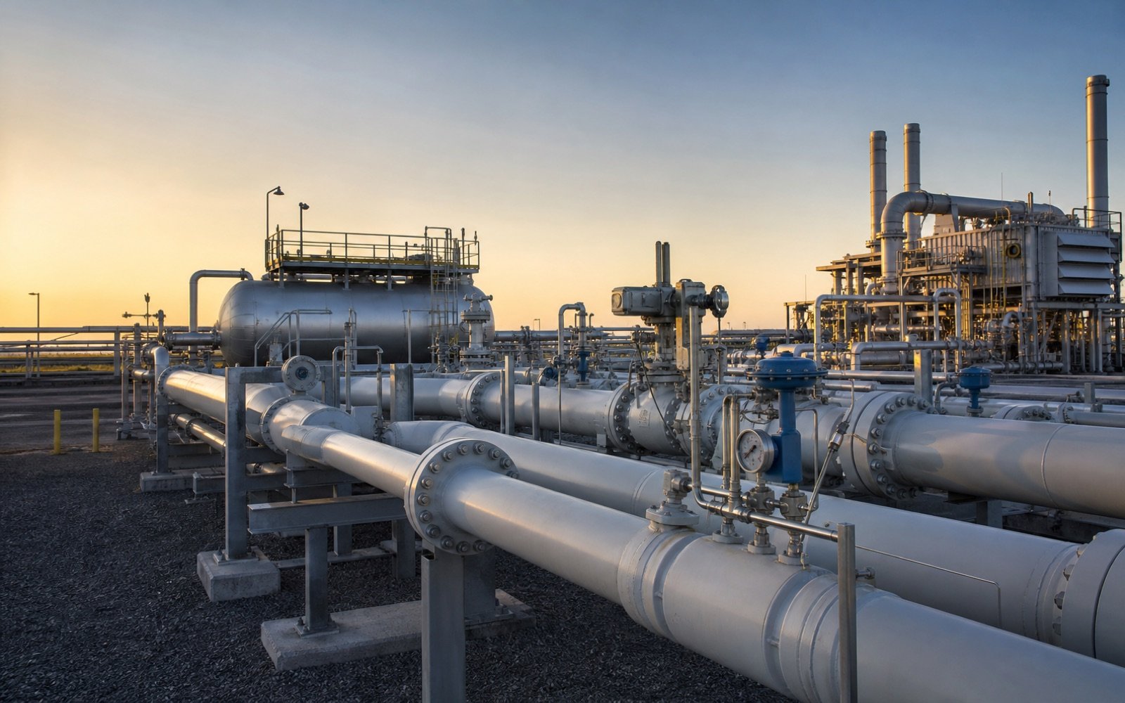 Oil and gas pipeline metering, pressure monitoring and automated valve control at a compressor station