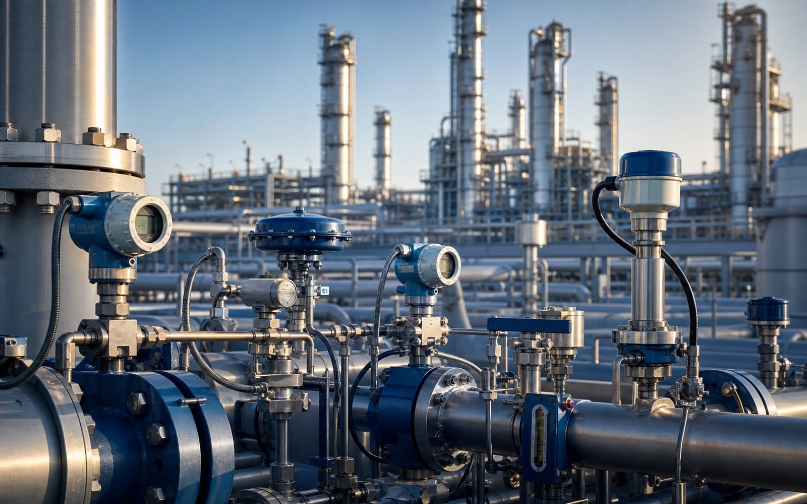 Petrochemical process instrumentation with flow, pressure and level measurement in a refinery plant