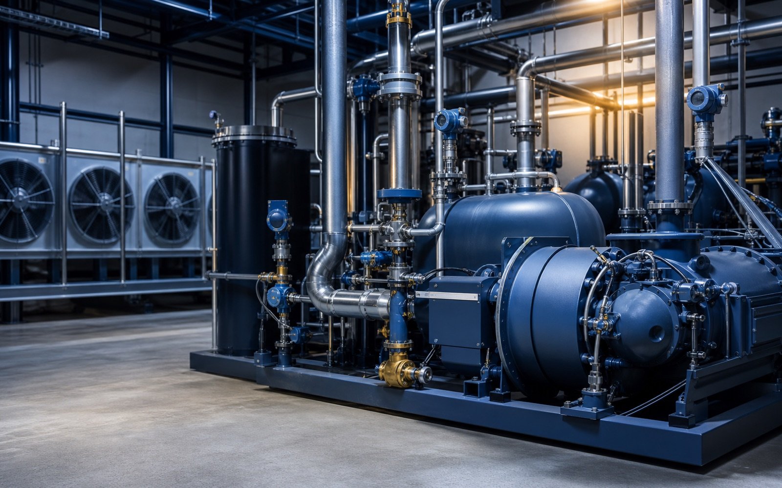Industrial refrigeration instrumentation for compressors, refrigerant pressure, temperature and level control